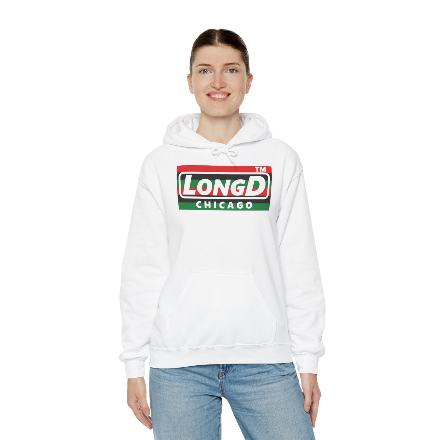 LongD® negative horizontal 6-striped Chicago logo Hoodie (Juneteenth colors)
