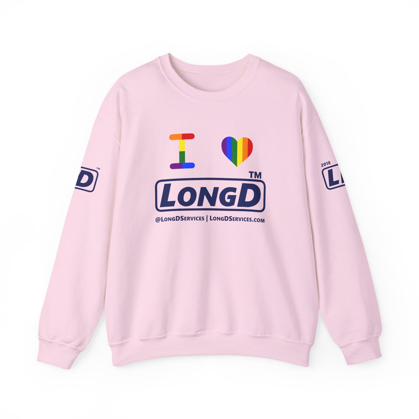 I Luv LongD official basic 4-print tag-domain logo crewneck sweatshirt with Pride heart