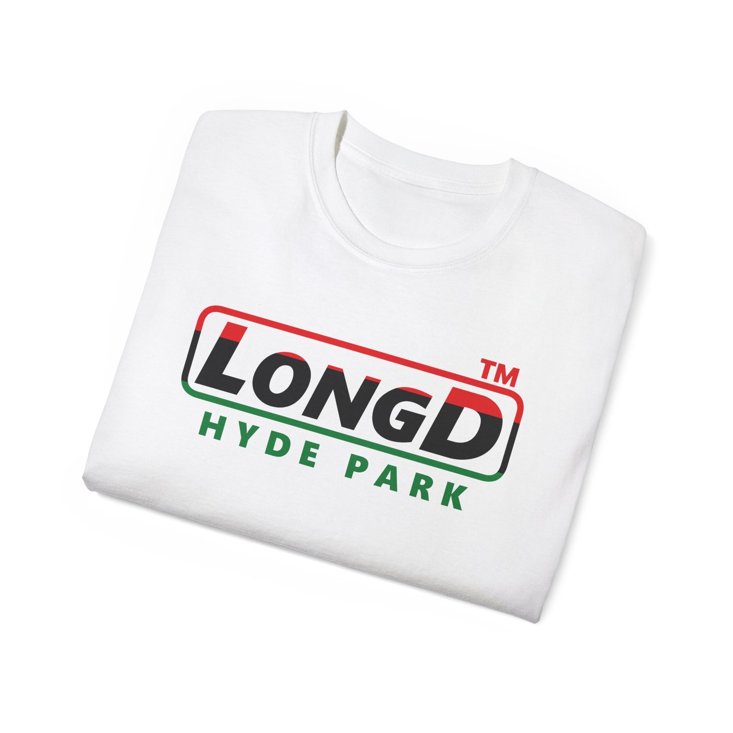 LongD positive horizontal 3-striped Hyde Park logo cotton tee (Juneteenth colors)