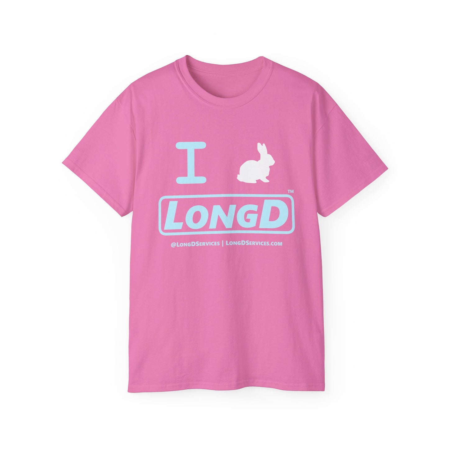 I Bunny LongD® Logo Cotton Tee Easter pastel blue text (white Easter Bunny)
