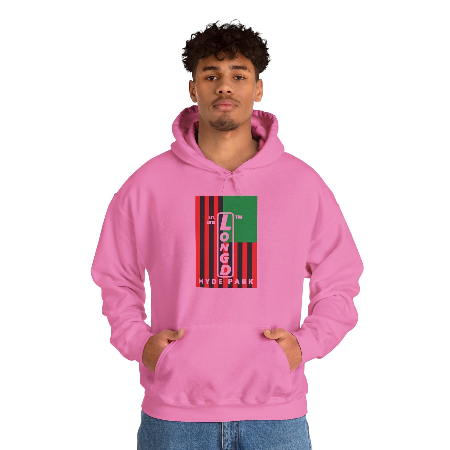 LongD® negative cropped flag upright Hyde Park logo hoodie (Juneteenth colors)