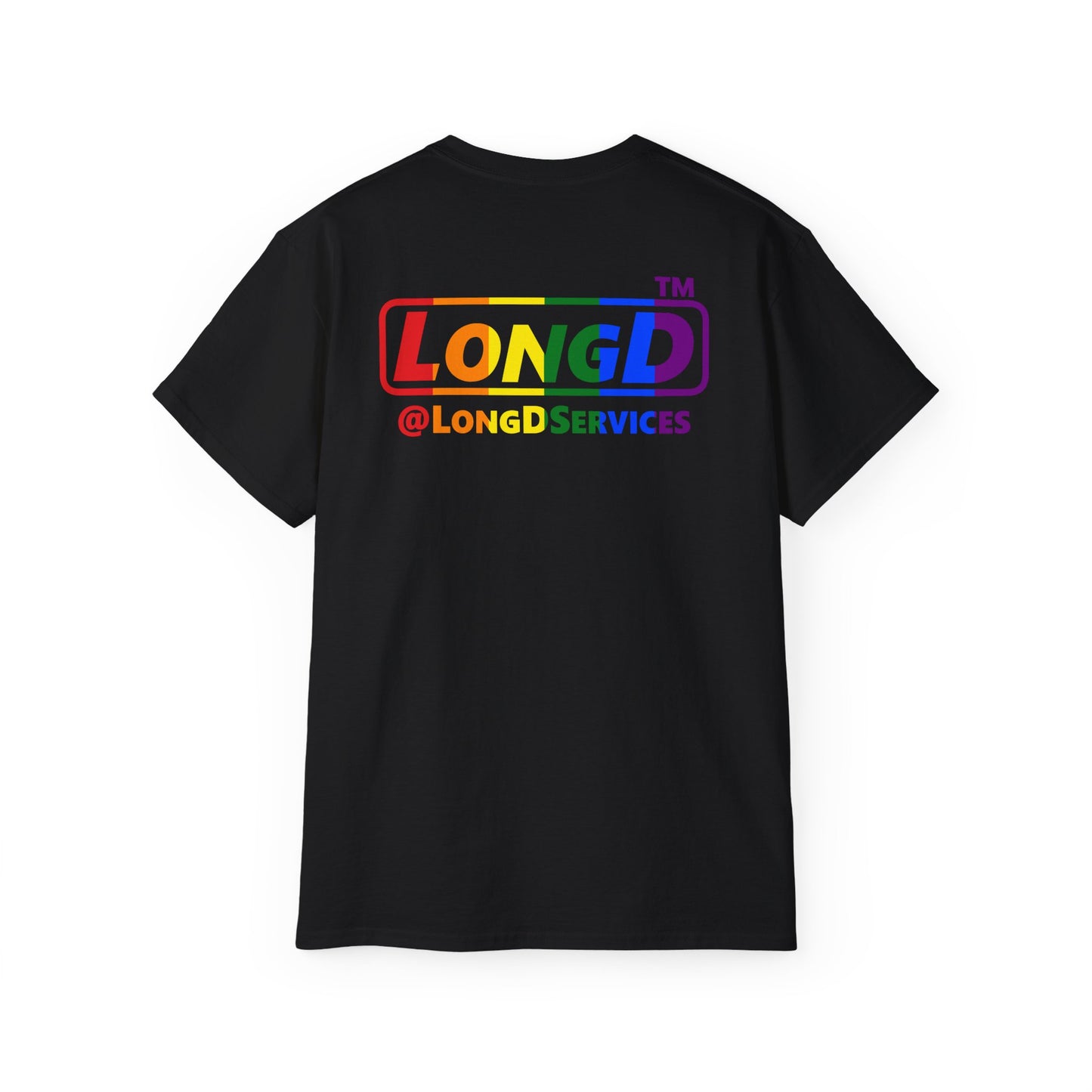 LongD positive vertical striped front-back Chicago logo cotton tee (Pride colors)