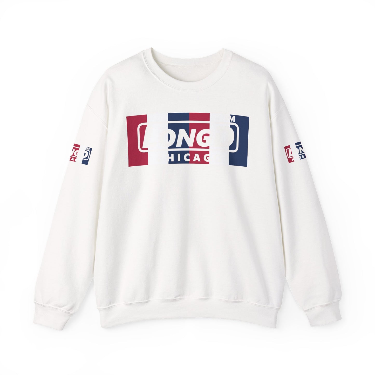 LongD negative vertical 6-striped 4-print double-breasted Chicago logo crewneck sweatshirt (patriotic colors)
