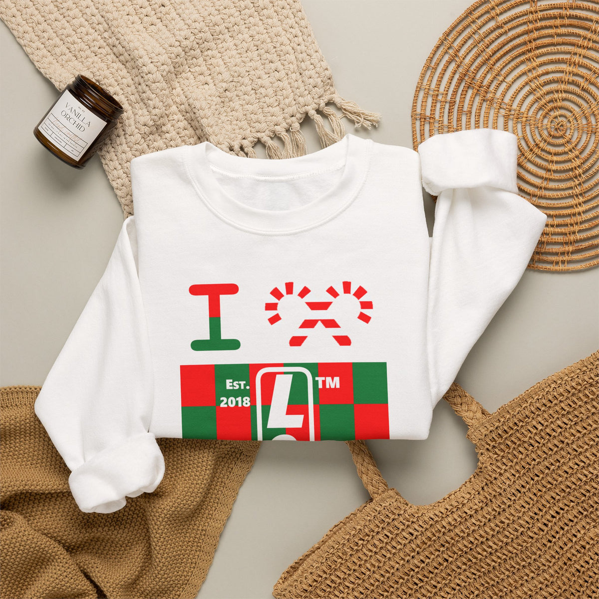 I candy cane LongD Hyde Park negative upright checkered logo crewneck sweatshirt