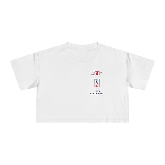Positive horizontal 6-striped upright single-breasted Chicago logo crop tee (Patriotic colors)