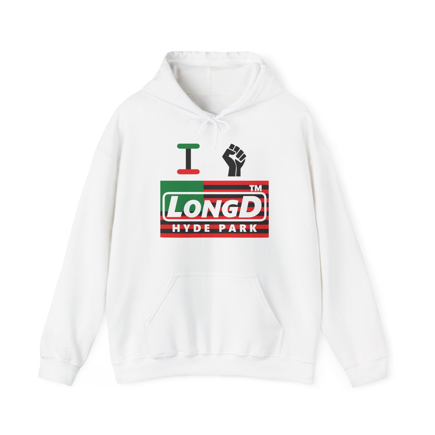 I fist LongD® negative flag Hyde Park logo Hoodie (Juneteenth colors)