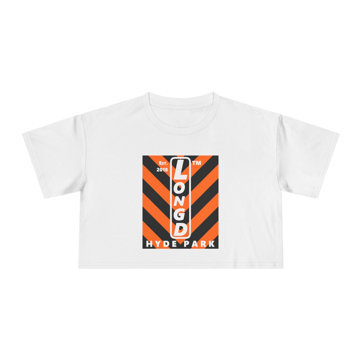 LongD Hyde Park negative upright downward chevron logo (Halloween colors) crop tee
