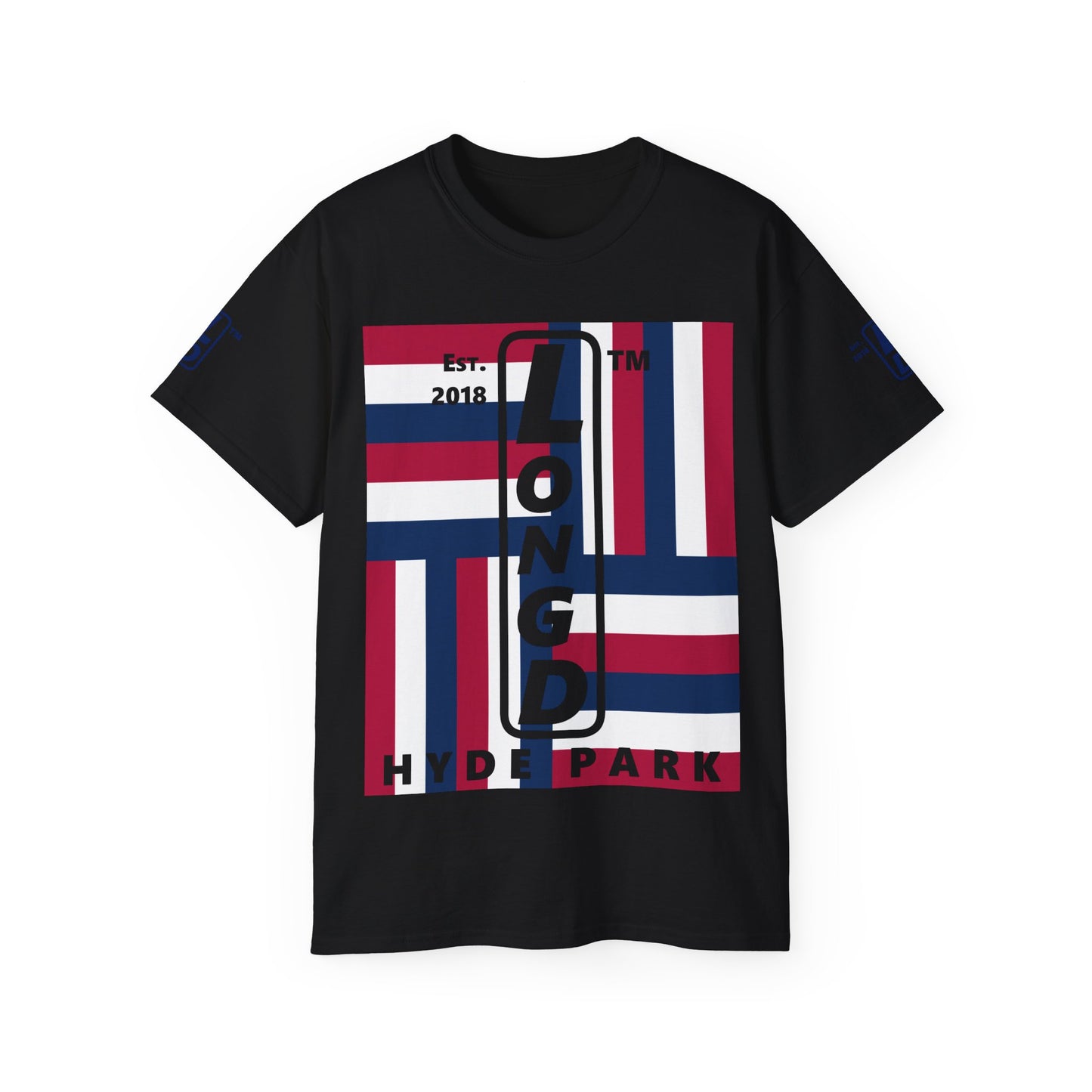 LongD cotton tee negative windmill 4-print Hyde Park upright logo (Patriotic colors)