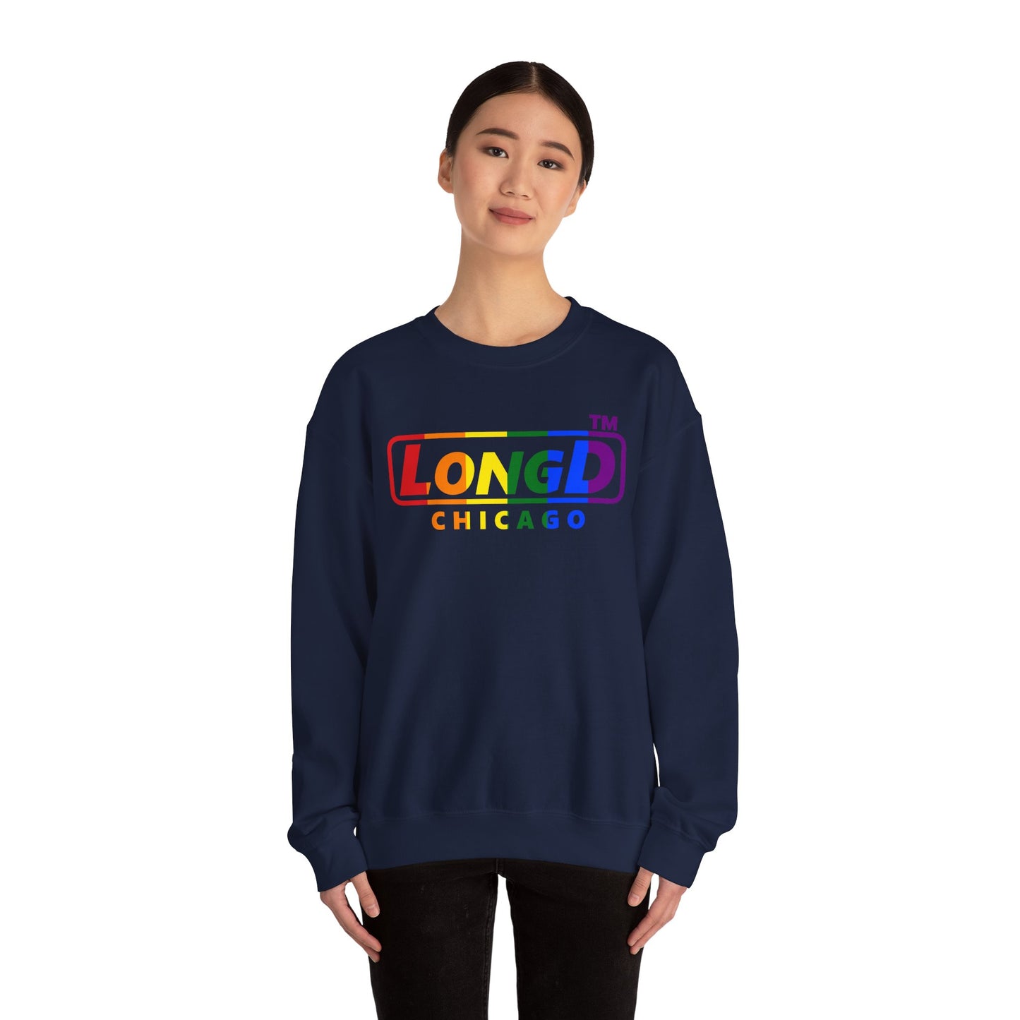 LongD positive vertical striped Chicago logo crewneck sweatshirt (Pride colors)