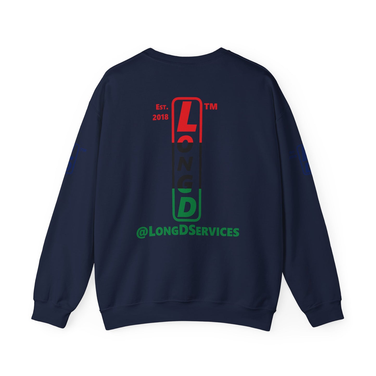 I Fist LongD positive horizontal 3-striped tag upright 4-print logo crewneck sweatshirt
