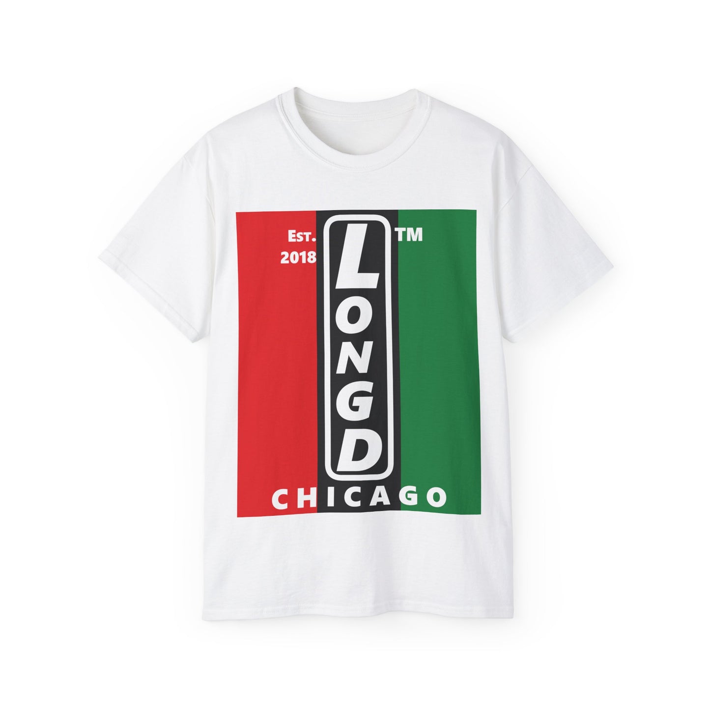 LongD Cotton Tee negative vertical striped Chicago upright logo (Juneteenth colors)
