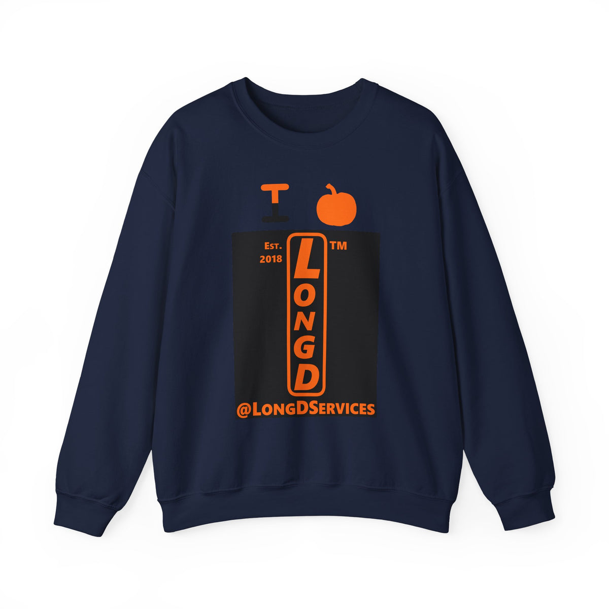 I pumpkin LongD Tag upright logo positive orange on negative black crewneck sweatshirt