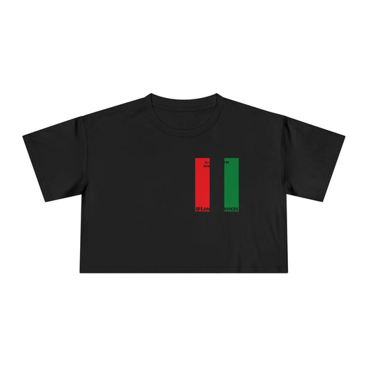 Negative vertical 3-striped upright single-breasted tag logo crop tee (Juneteenth colors)