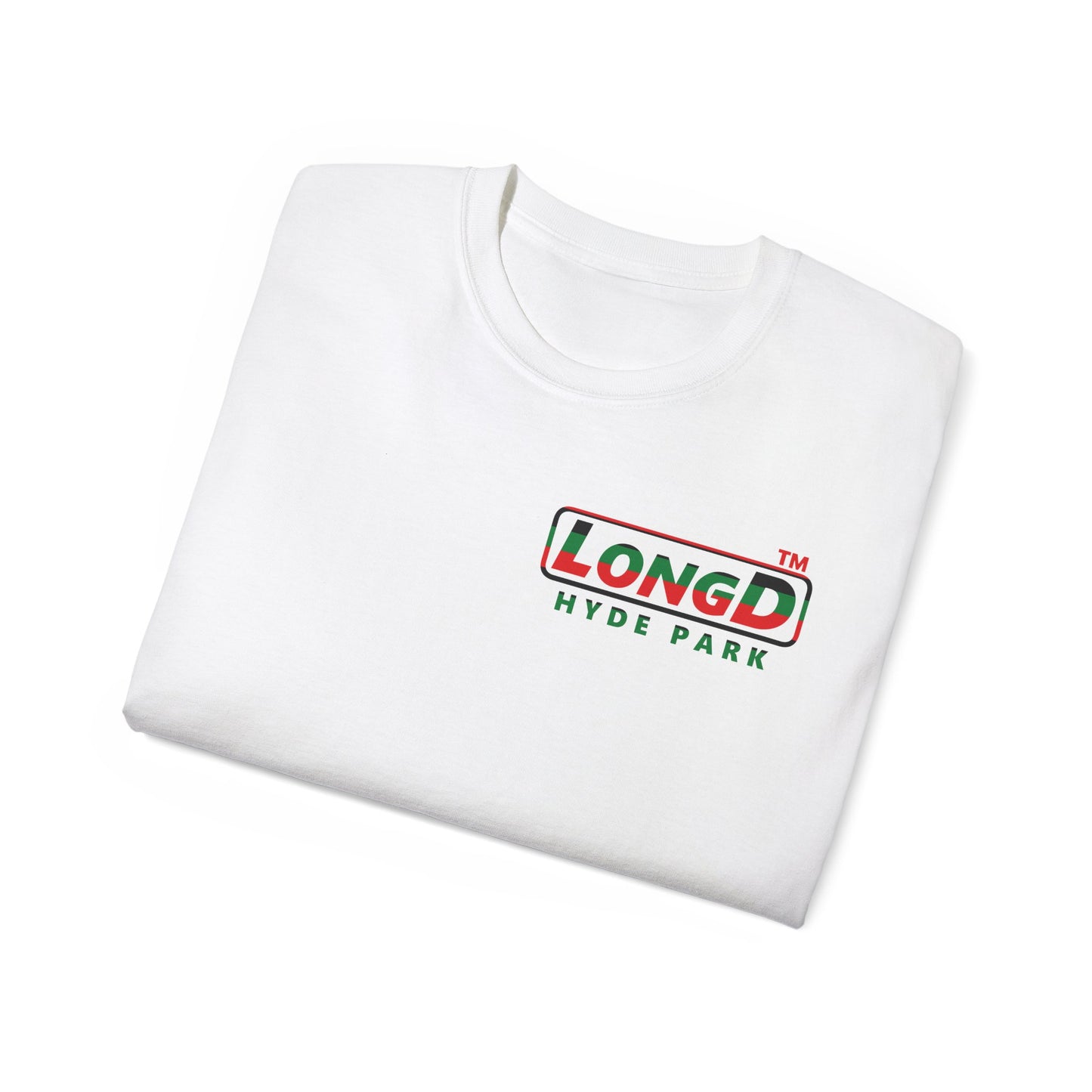 LongD positive horizontal 6-striped Hyde Park logo single-breasted front-back cotton tee (Juneteenth colors)