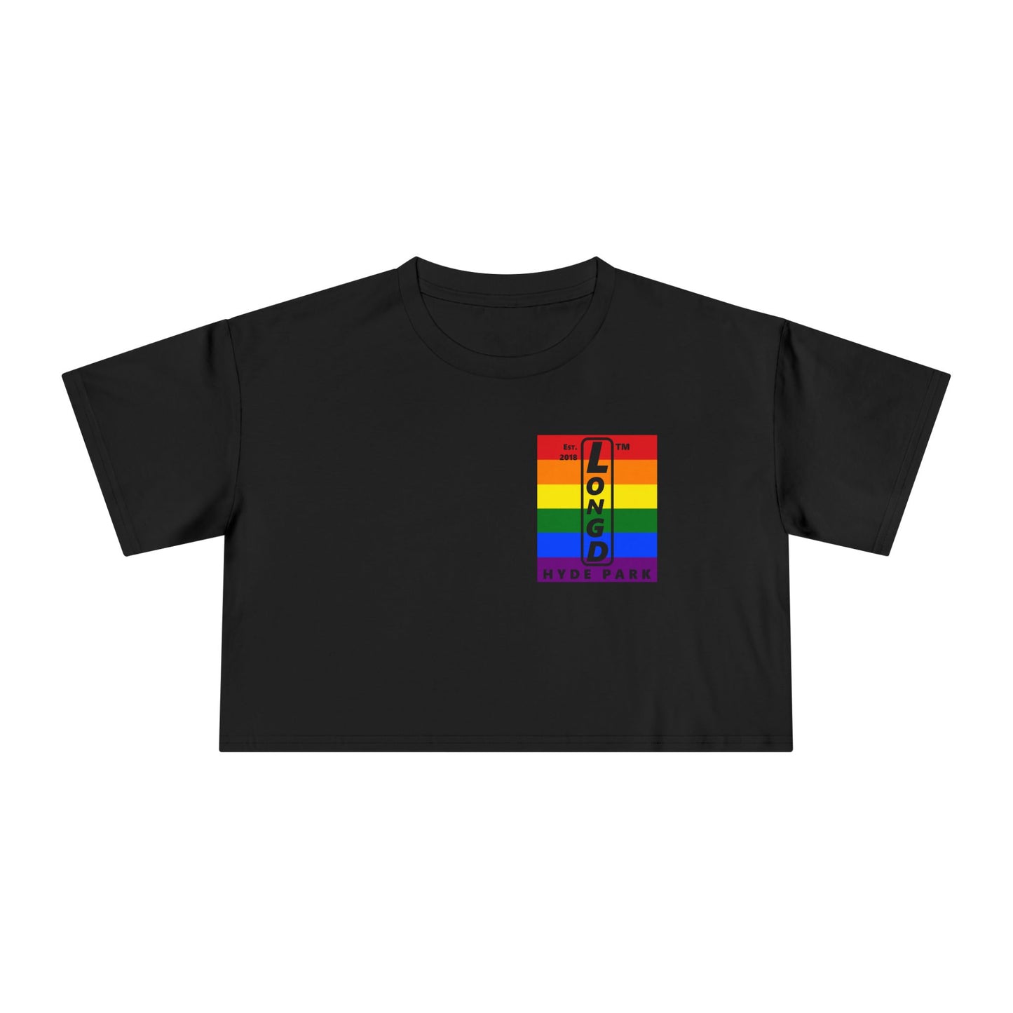 Negative horizontal 6-striped upright single-breasted Hyde Park logo crop tee (Pride colors)