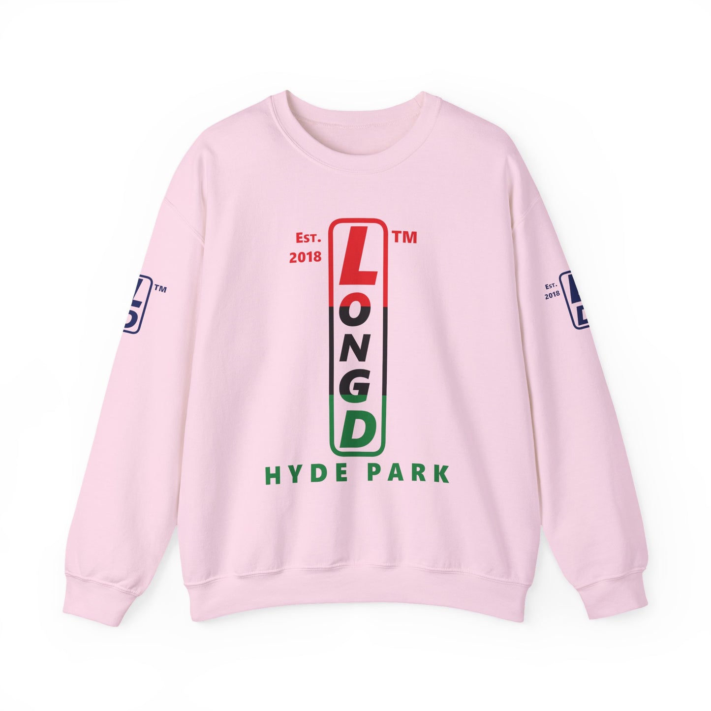 LongD positive horizontal 3-striped Hyde Park 4-print upright logo crewneck sweatshirt (Juneteenth colors)