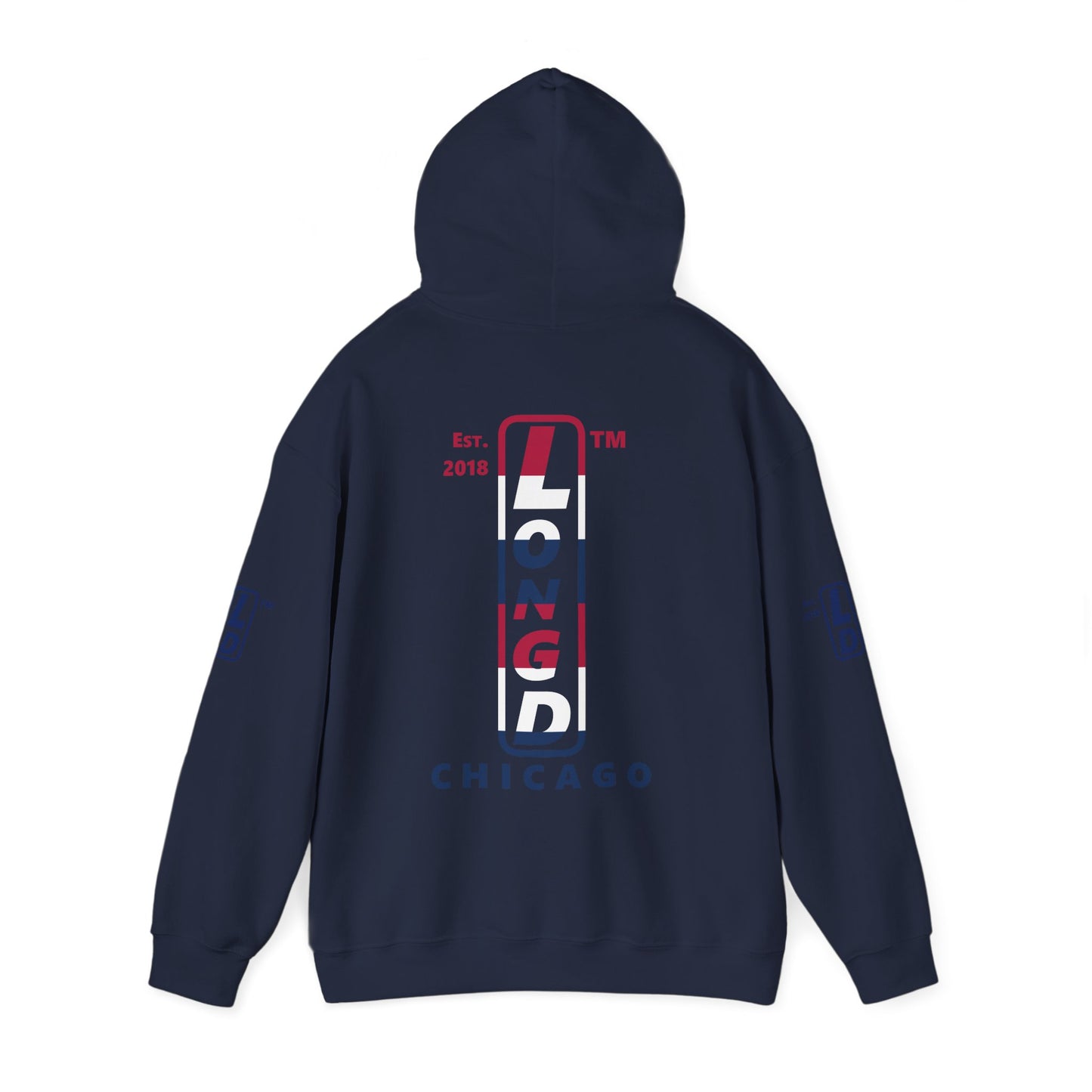 LongD® positive horizontal 6-striped Chicago 4-print upright logo hoodie (patriotic colors)