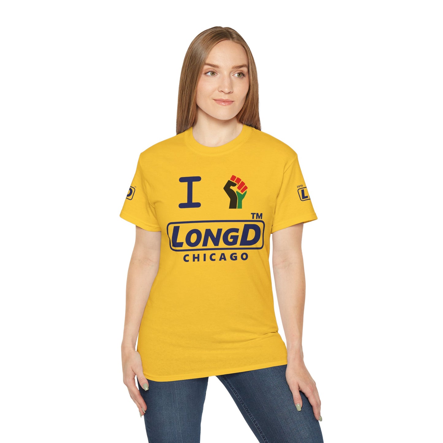 I fist LongD official Chicago logo 4-print cotton tee with multicolored fist