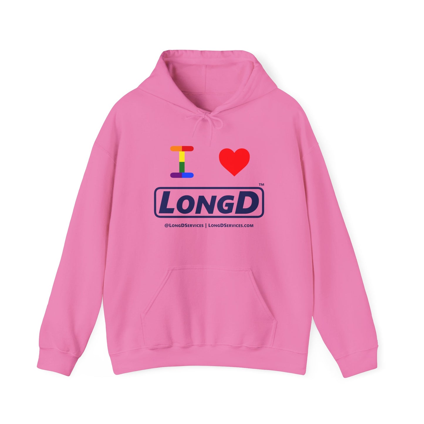 I Luv LongD® Official Logo Hoodie with Pride rainbow "I" and positive logo text