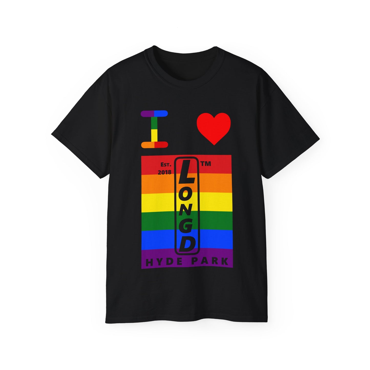 I Luv LongD Cotton Tee negative horizontal striped Hyde Park upright logo (Pride colors)