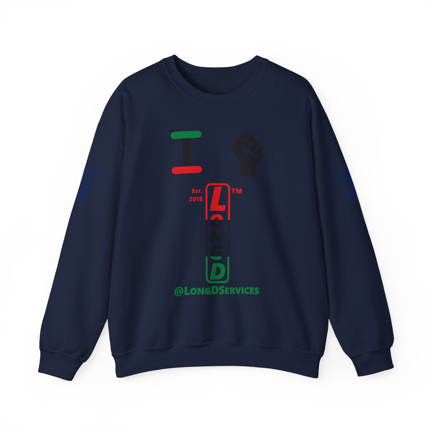 I Fist LongD positive horizontal 3-striped tag upright 4-print logo crewneck sweatshirt