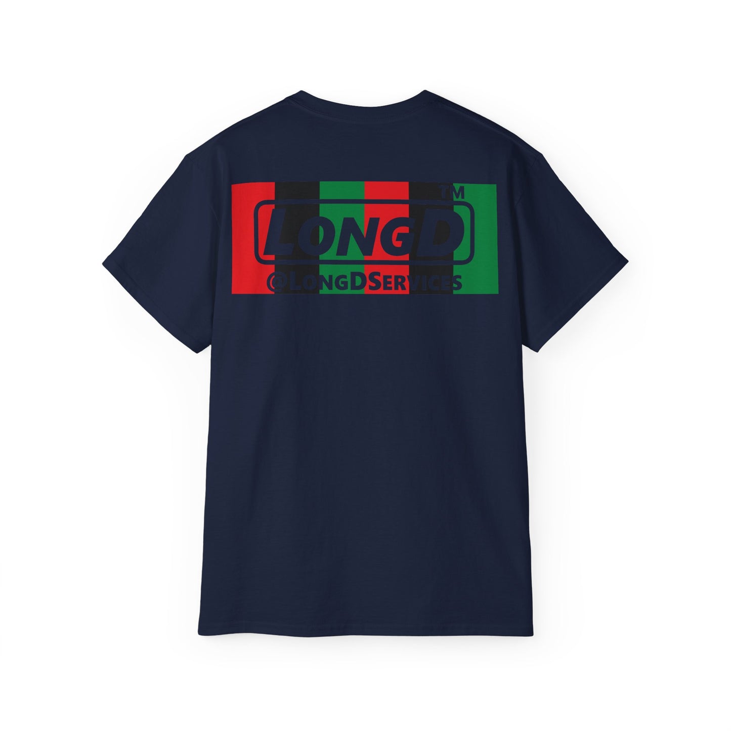 LongD negative vertical 6-striped Hyde Park logo front-back cotton tee (Juneteenth colors)