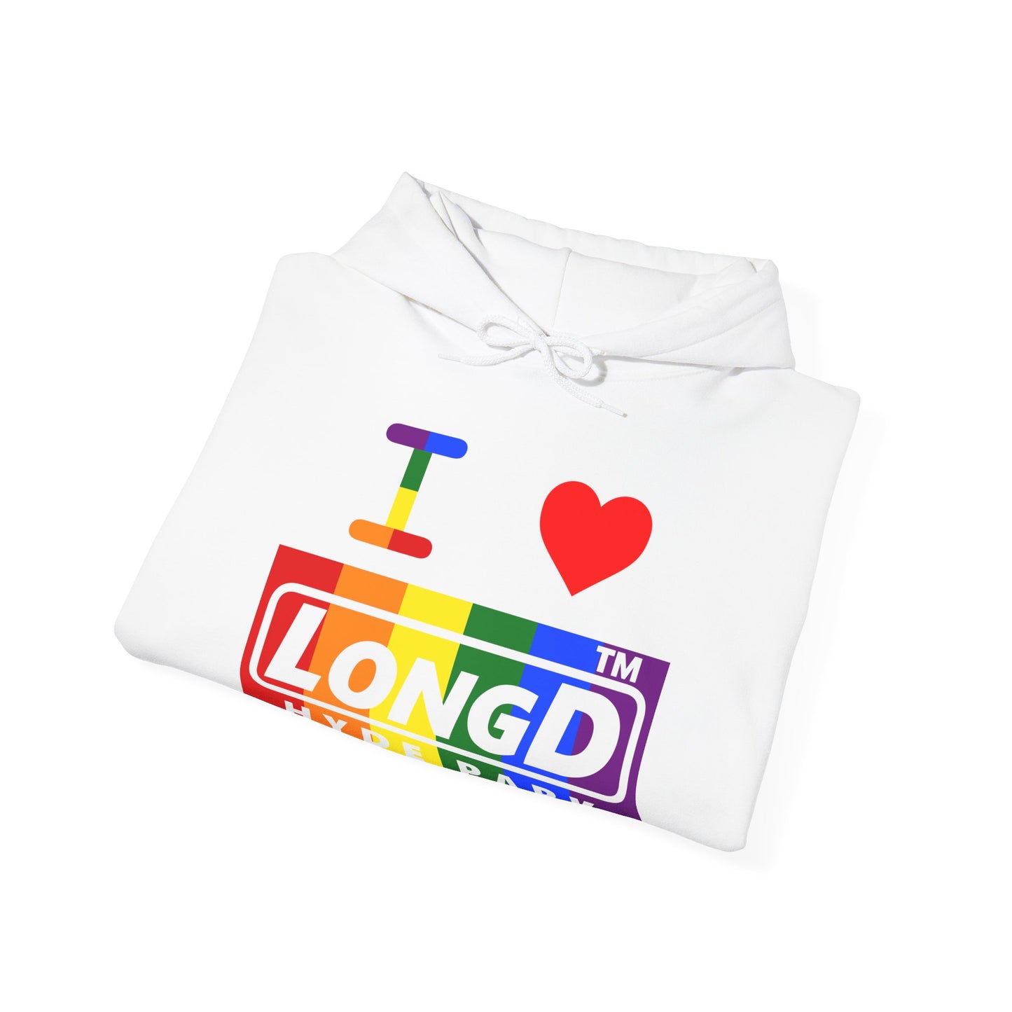I Luv LongD® negative vertical striped Hyde Park logo hoodie (Pride colors)