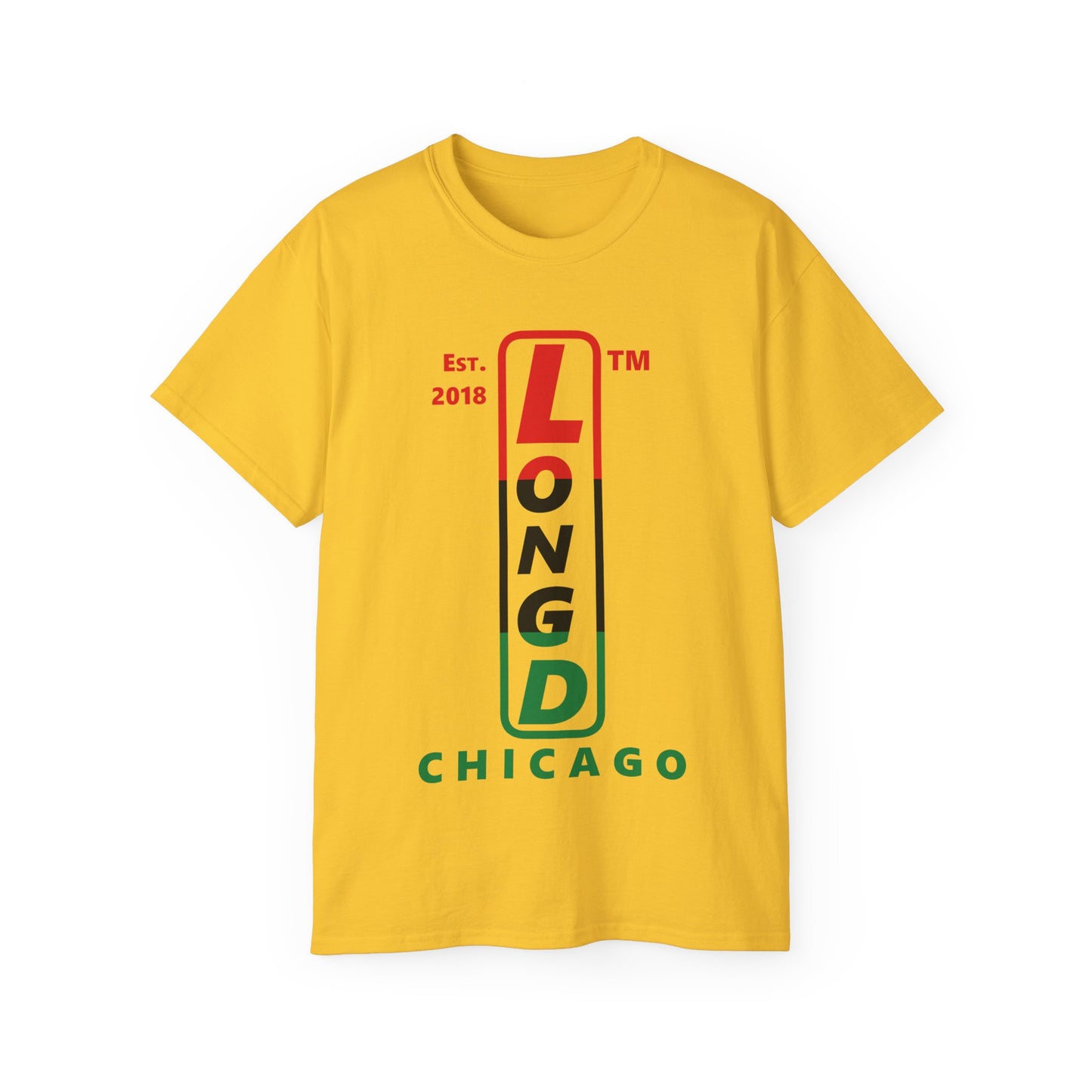 LongD Cotton Tee positive horizontal striped Chicago upright logo (Juneteenth colors)