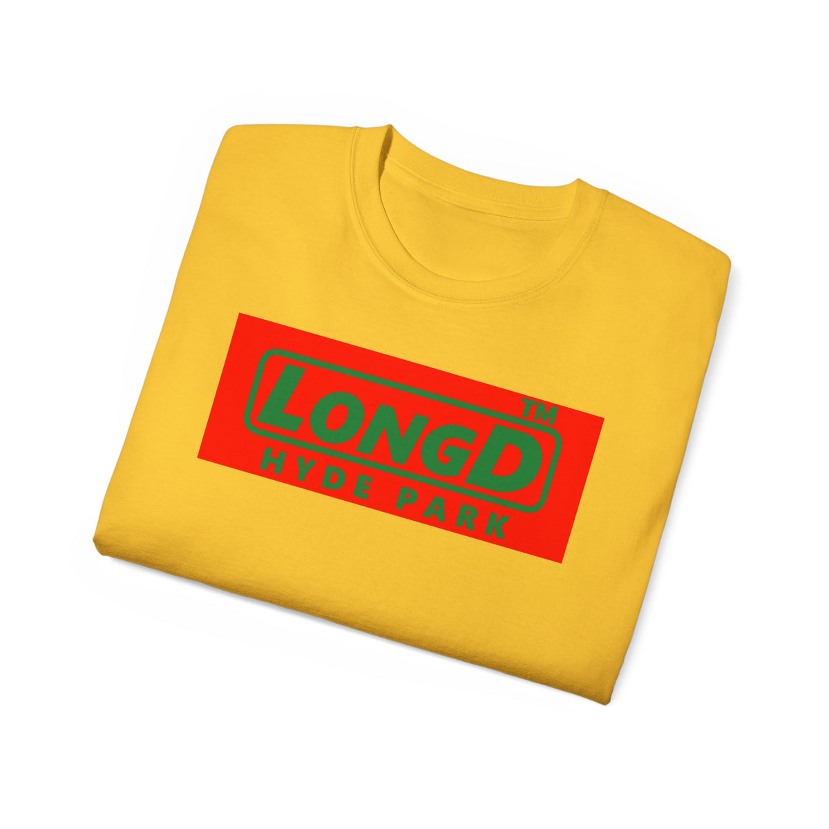 LongD Hyde Park logo positive green on negative red (Xmas colors) cotton tee