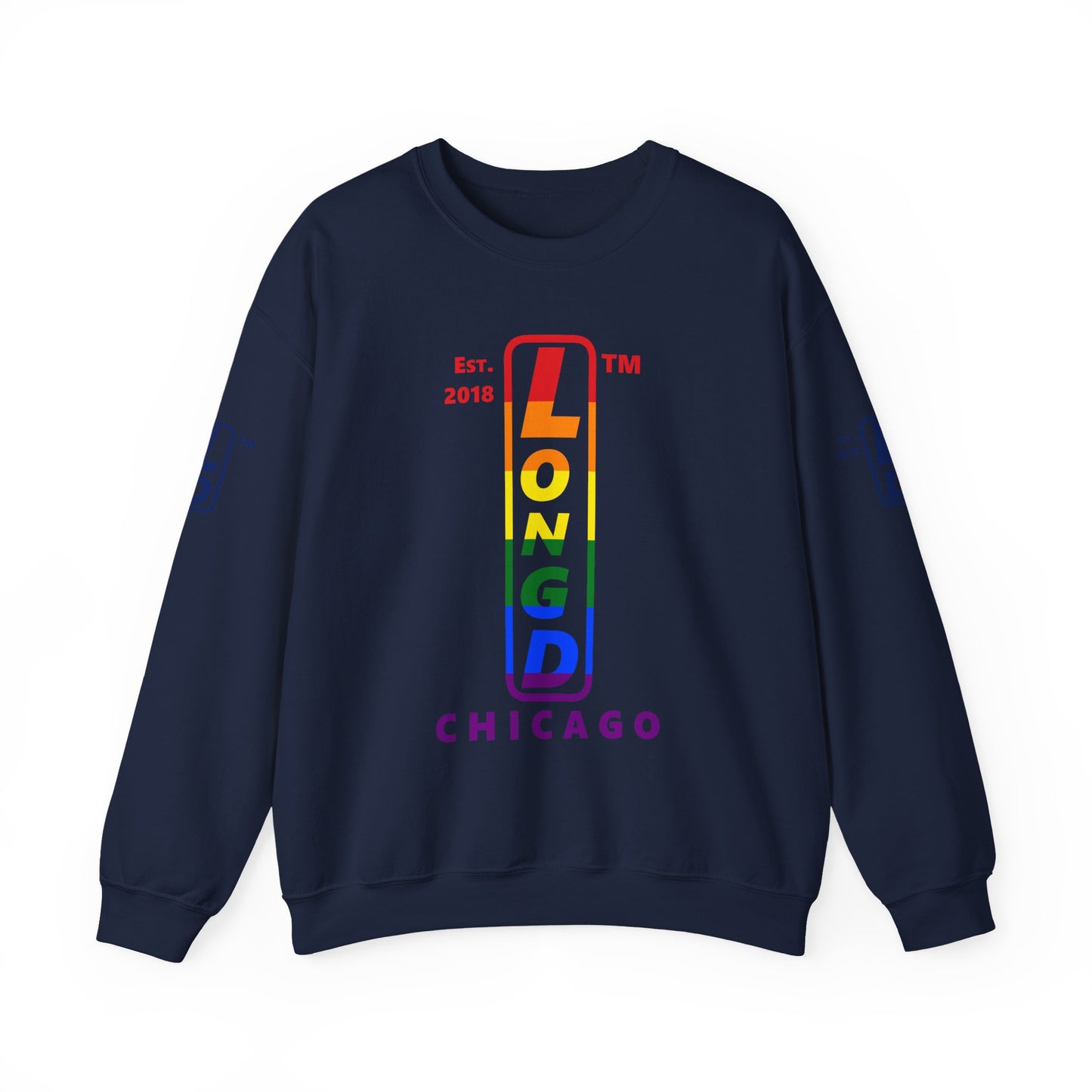 LongD positive horizontal 6-striped Chicago 4-print upright logo crewneck sweatshirt (Pride colors)