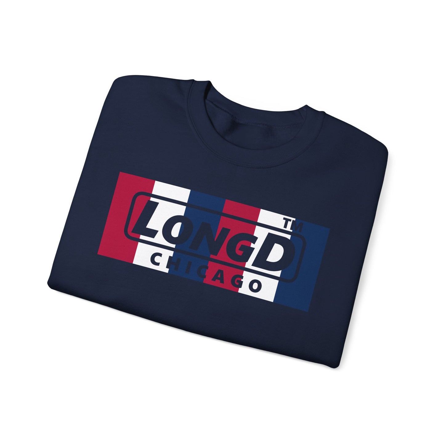 LongD negative vertical 6-striped 4-print double-breasted Chicago logo crewneck sweatshirt (patriotic colors)