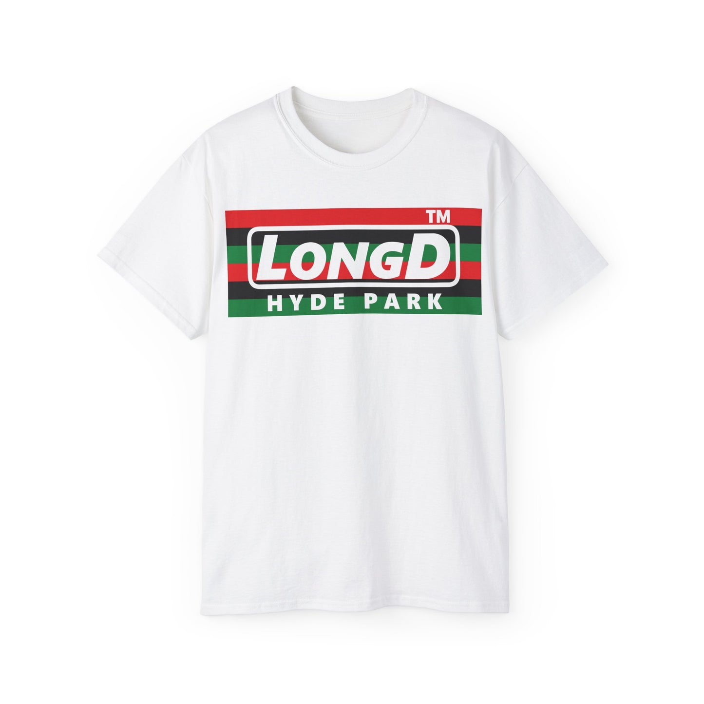 LongD negative horizontal 6-striped Hyde Park logo cotton tee (Juneteenth colors)