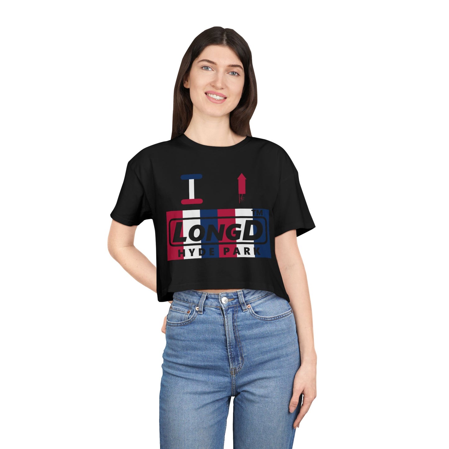 I firecracker LongD negative vertical 6-striped Hyde Park Logo Crop Tee (Patriotic colors)