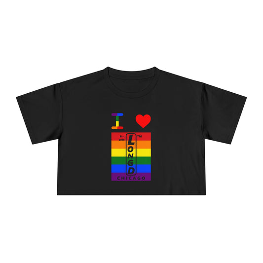I Luv LongD Mixed horizontal 6-striped upright front-back Chicago logo crop tee (Pride colors)