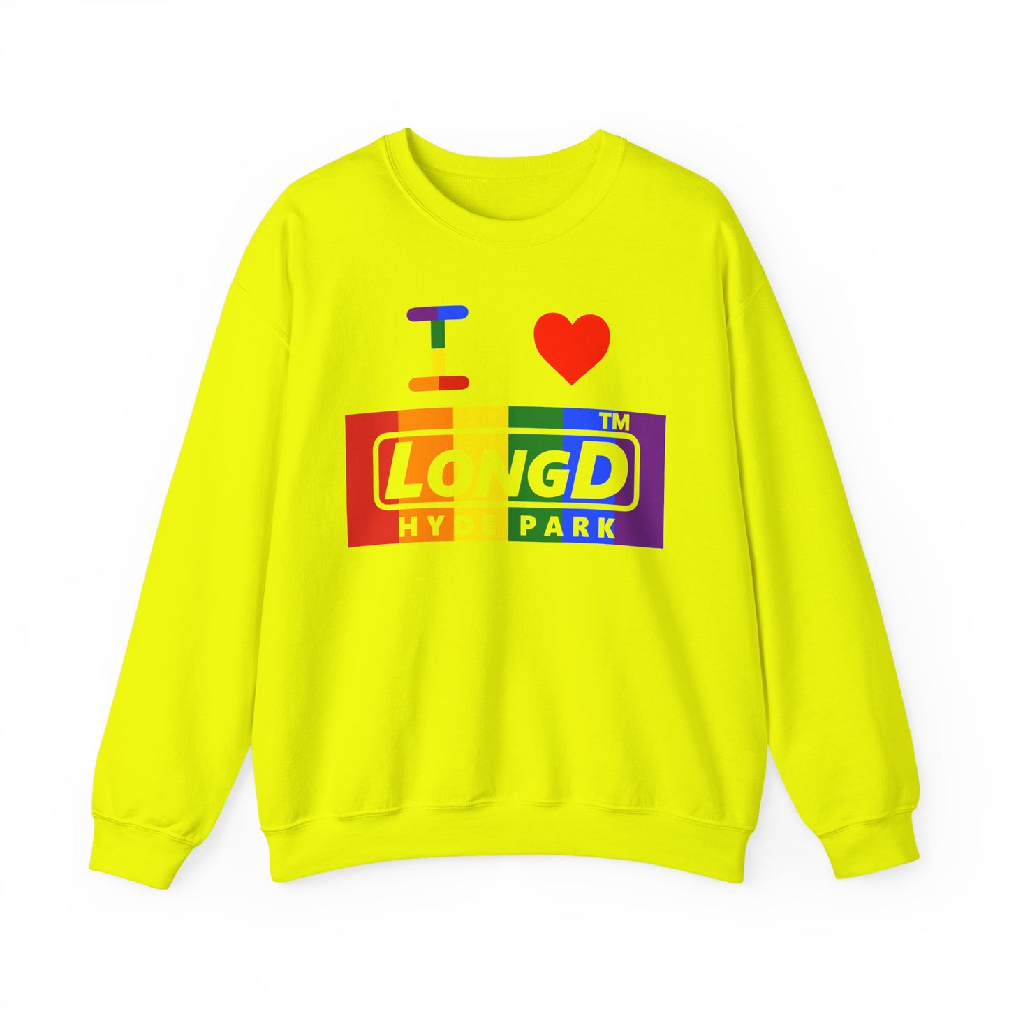 I Luv LongD negative vertical striped Hyde Park logo crewneck sweatshirt (Pride colors)