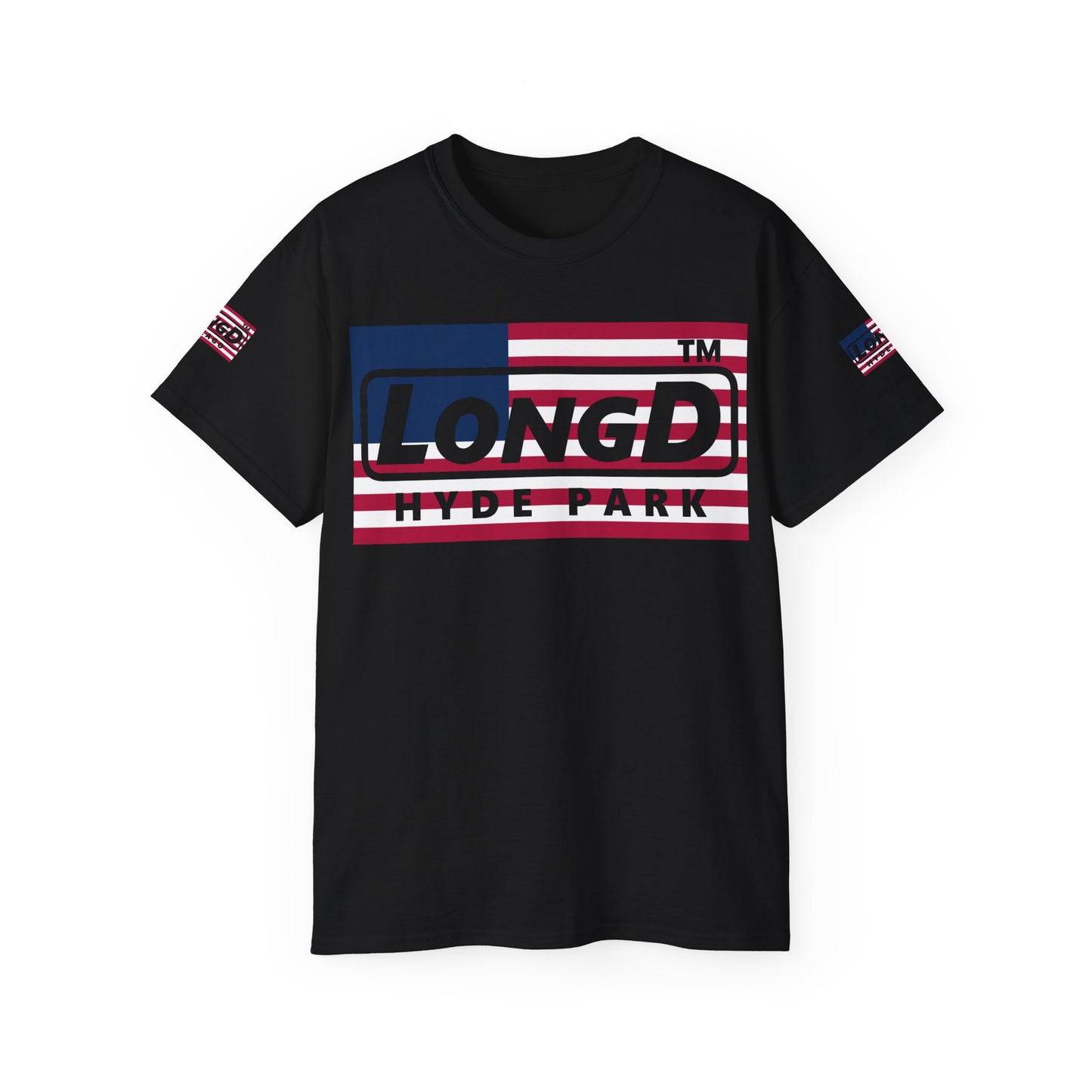 LongD negative flag 4-print Hyde Park logo cotton tee (patriotic colors)