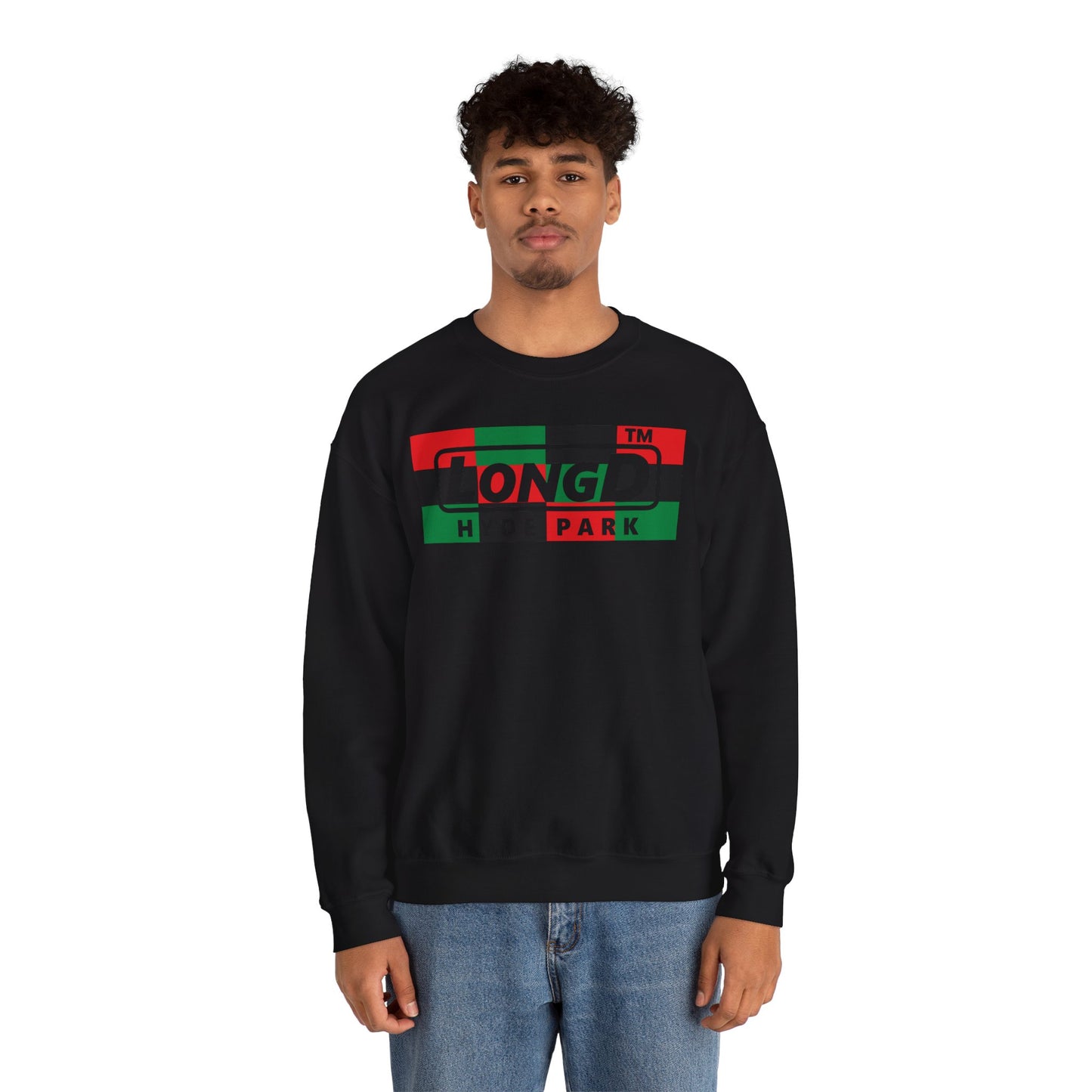 LongD negative 3x4 Hyde Park logo crewneck sweatshirt (Juneteenth colors)