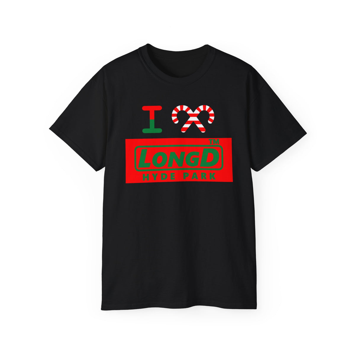 I candy cane LongD Hyde Park logo positive green on negative red cotton tee