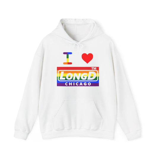 I Luv LongD® negative horizontal striped Chicago logo hoodie (Pride colors)