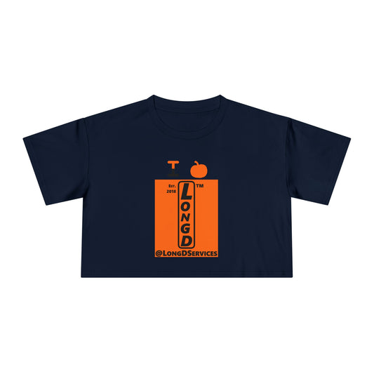 I pumpkin LongD Tag upright logo positive black on negative orange crop tee