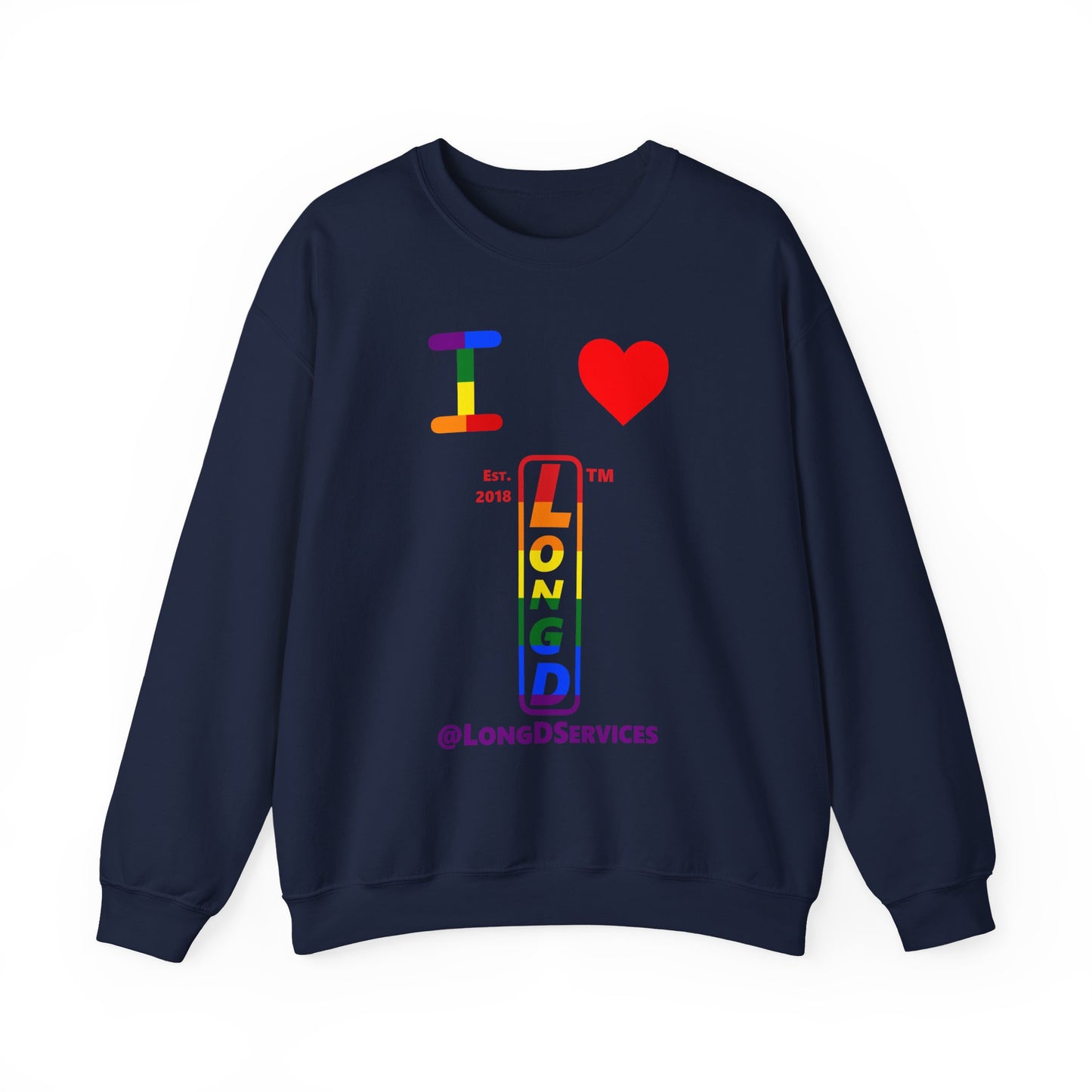 I Luv LongD positive horizontal 6-striped tag upright logo crewneck sweatshirt