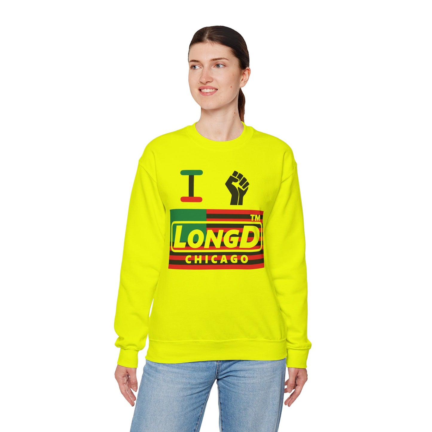 I fist LongD negative flag front-back Chicago logo crewneck sweatshirt