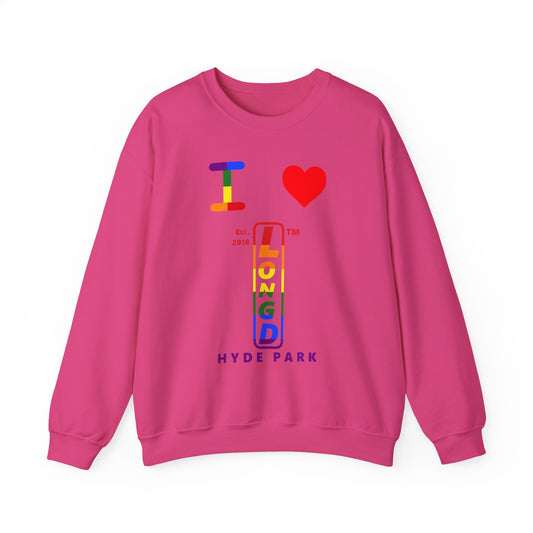 I Luv LongD positive horizontal 6-striped Hyde Park upright logo crewneck sweatshirt (Pride colors)