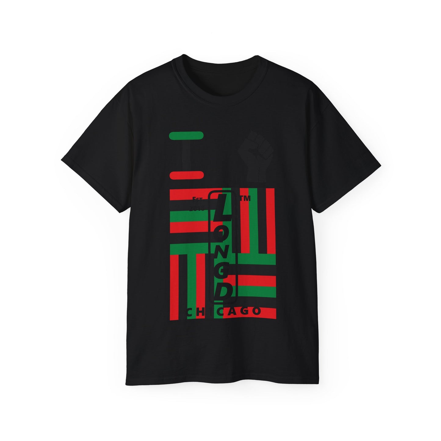 I fist LongD Cotton Tee negative windmill Chicago upright logo (Juneteenth colors)
