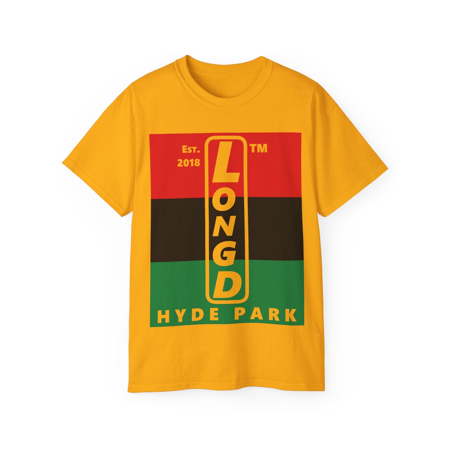 LongD Cotton Tee negative horizontal striped Hyde Park upright logo (Juneteenth colors)