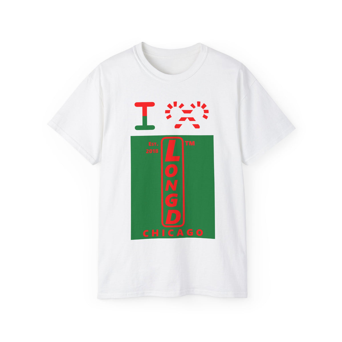 I candy cane LongD Chicago upright front-back logo positive red on negative green cotton tee