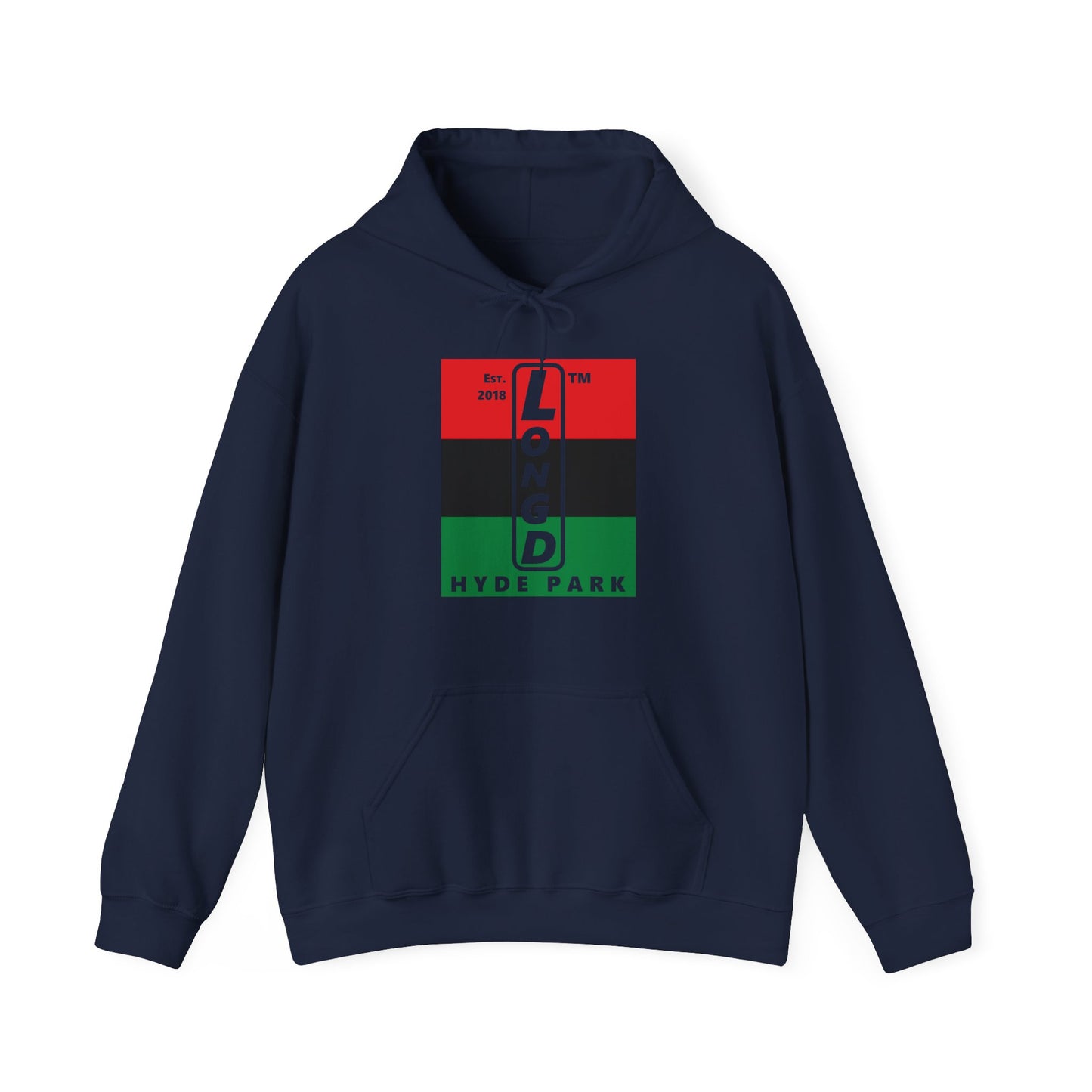 LongD® negative horizontal 3-striped upright Hyde Park logo hoodie (Juneteenth colors)