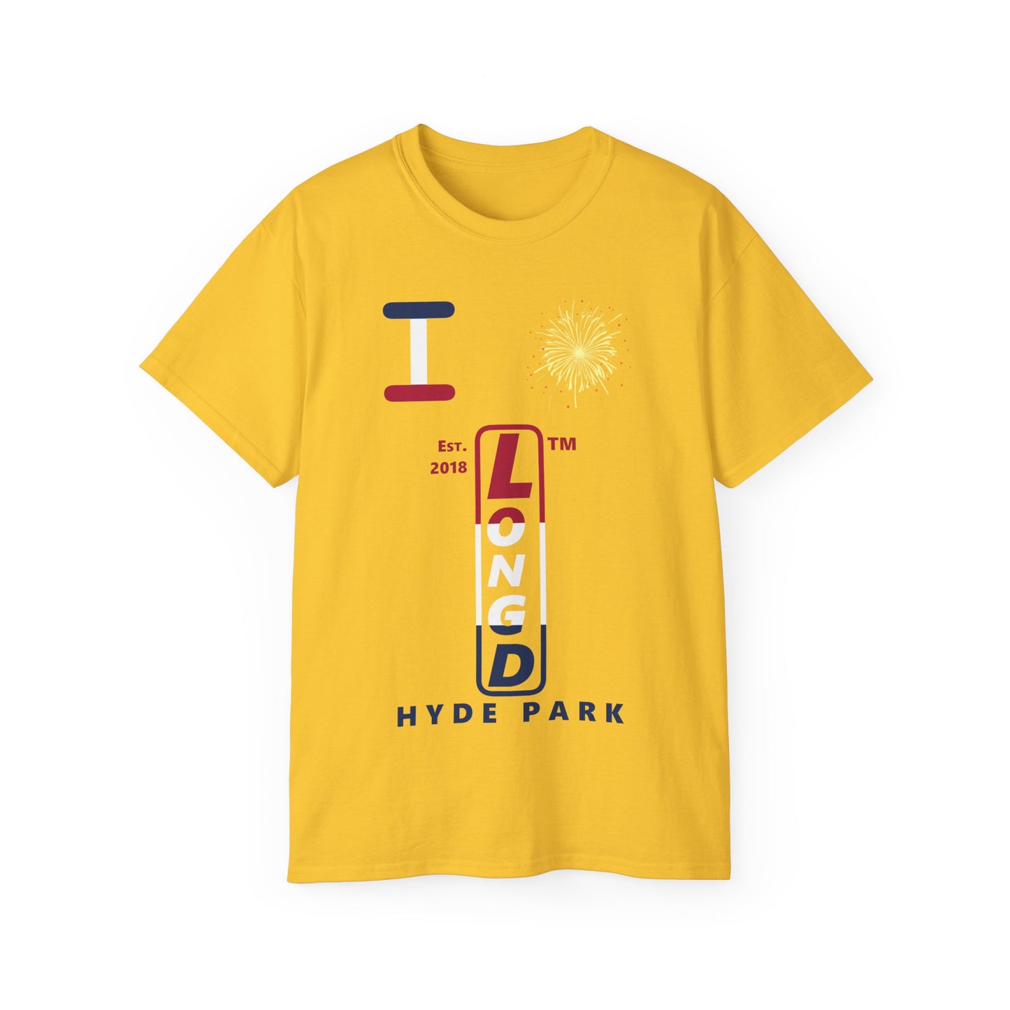 I Burst LongD cotton tee positive horizontal 3-striped Hyde Park upright logo (Patriotic colors)