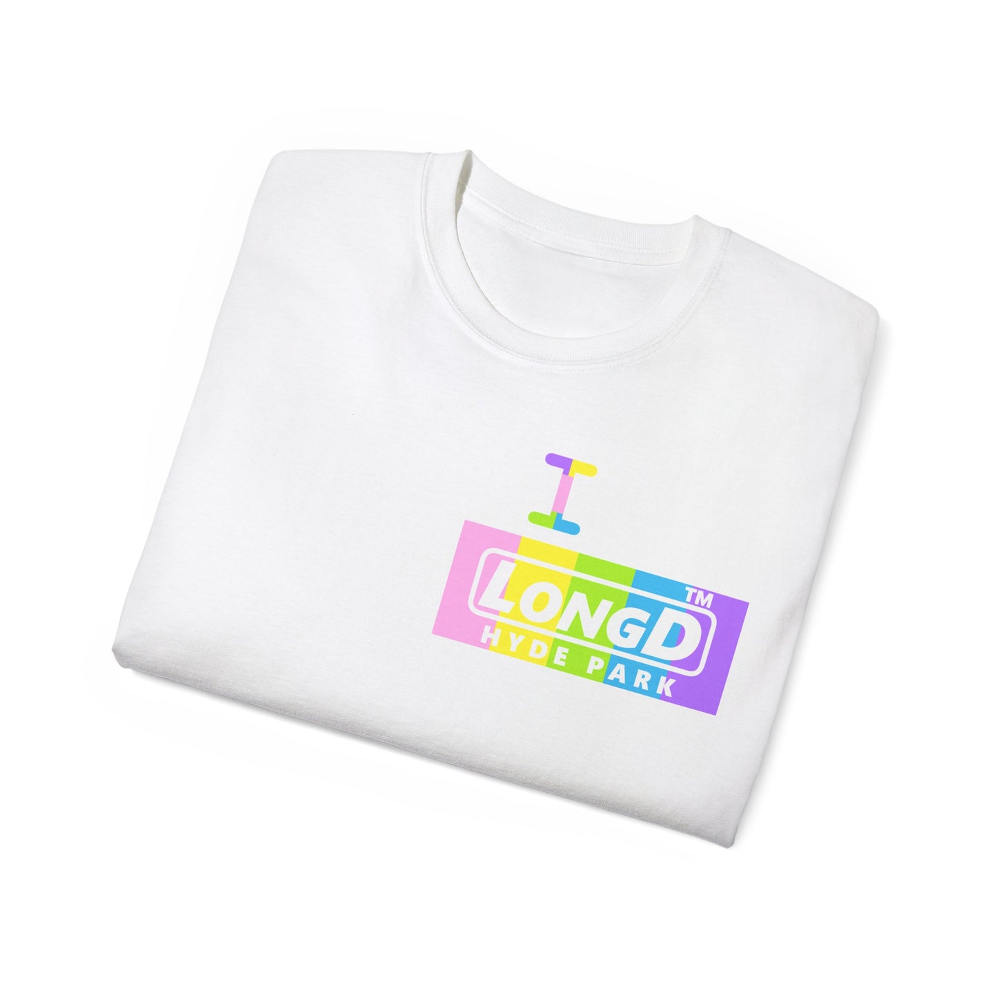 I Bunny LongD® negative vertical striped front-back Hyde Park Logo Cotton Tee