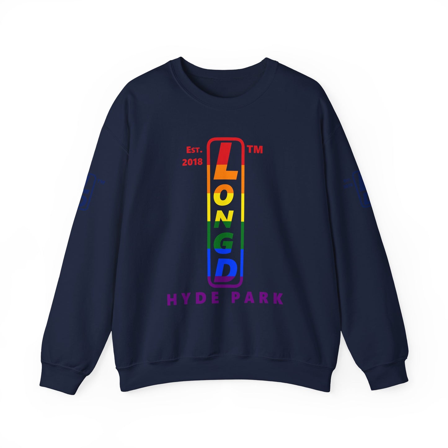 LongD positive horizontal 6-striped Hyde Park 4-print upright logo crewneck sweatshirt (Pride colors)